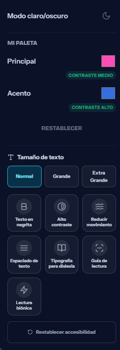 Menú de accesibilidad de aweSOM — alto contraste, lectura biónica, guía de lectura y tipografía para dislexia
